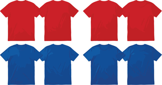Set of Red and Blue Cotton T-shirt Mockups Front and Back View Blank Apparel Templates for Custom Branding