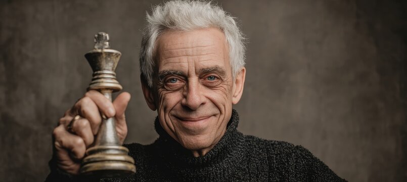 White elderly male chess coach with cunning expression holding chess king