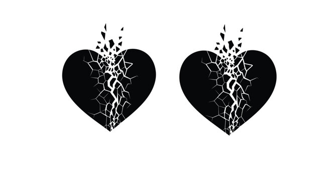 Two broken hearts silhouette against a white background