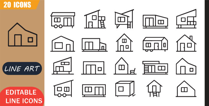 Tiny house icons set, 20 editable line art icons set, modular home compact living architecture minimalist prefab modern housing lifestyle, tiny home tools, minimal clean outline vector