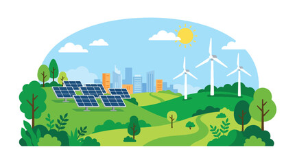 Modern flat vector illustration of solar panels and wind turbines on green hills representing renewable energy sustainability and clean power generation © Amie