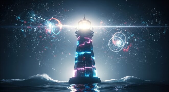 Cybersecurity Lighthouse Navigating Digital Chaos with Neon Light Streams, Abstract Data Flow in Dark Sea