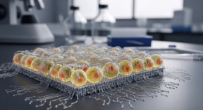 Advanced biochip with organic cells and silver circuits, representing futuristic biotechnology and scientific research in a lab.