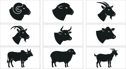 Obraz premium Premium Livestock Logo Set: Sheep, Goat, and Bull Silhouettes for Farm and Butchery