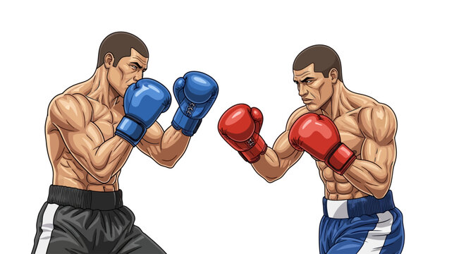 Two muscular boxers in fighting stance with gloves
