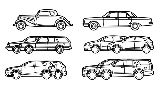 Set of Diverse Modern and Vintage Car Types in Minimalist Line Art Style