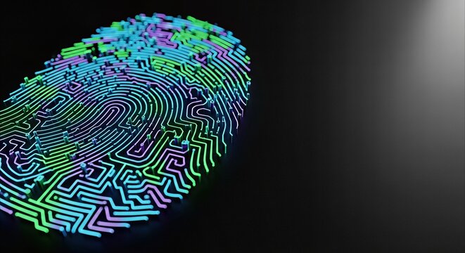 Abstract digital fingerprint maze glowing with neon blue and green lines on a dark background, symbolizing cybersecurity and digital identity
