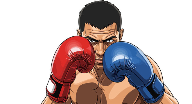 Boxer with red and blue gloves in fighting stance closeup