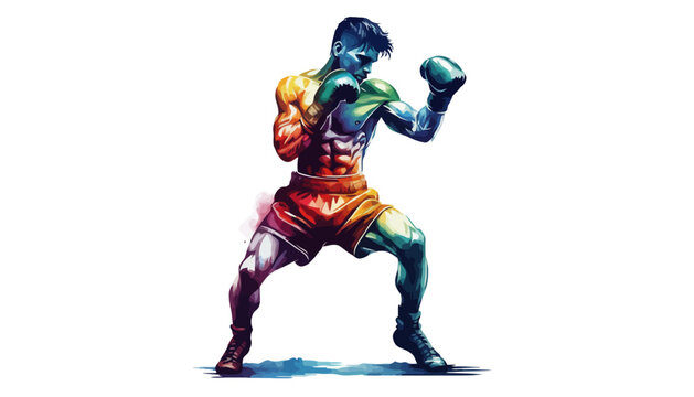 Boxer in fighting stance with colorful gradient effect on white background