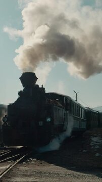 Vertical Screen: Mocanita steam train is parked at Bucovina station. The train releases steam as it stands still. People gather around to see the old locomotive in action.