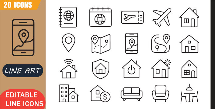 Travel planner icons set, 20 editable line art icons set, hotel booking flight ticket navigation map gps tracking smart home decor, travel booking tools, minimal clean outline vector