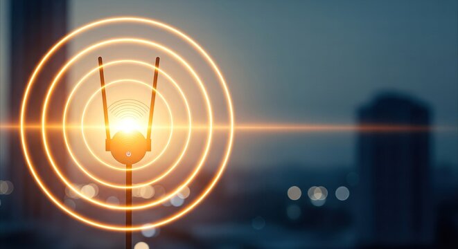 Glowing signal waves emanate from antenna on city skyline, representing network connectivity and cybersecurity