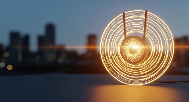 Glowing concentric circles emanate from futuristic access point, symbolizing cybersecurity and digital protection in a modern cityscape at dusk.