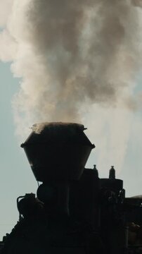 Vertical Screen: Mocanita steam train stands at the station in Bucovina, Romania, releasing white smoke into the air as it awaits departure. This old locomotive is a sight to see.