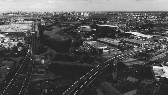 Aerial view of the Wole Soyinka Centre for Culture and Creative Arts National Theatre Nigeria and surrounding urban infrastructure with highways in Lagos, Lagos, Nigeria.