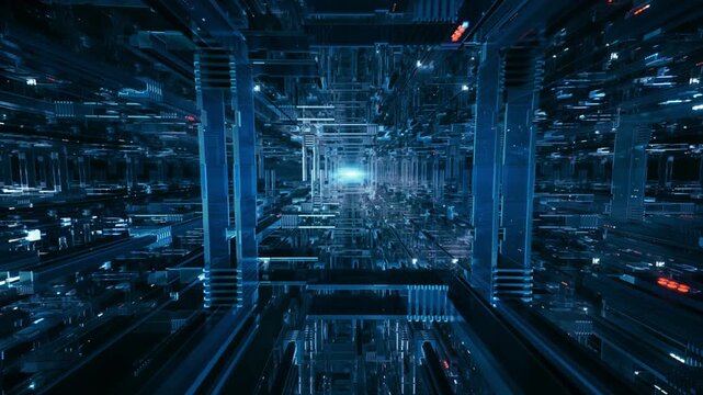 Futuristic digital data tunnel motion with flying through blue cyberspace technology server room grid structure.
