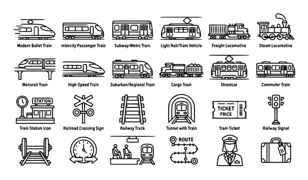 Minimal railway transport icon set vector illustration isolated on white background