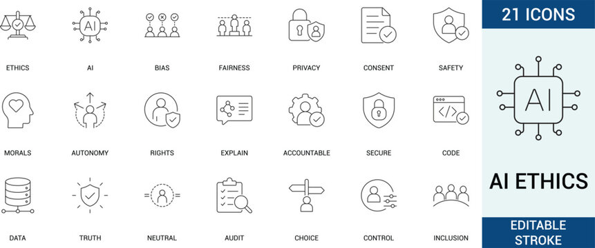 AI ethics line icon set. Contains icons related to fairness, privacy, safety, bias, and data truth. Editable stroke. Vector