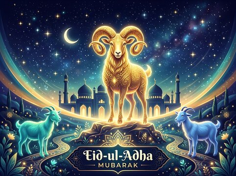 Golden ram with goats celebrating Eid ul-Adha under crescent moon and mosque silhouette