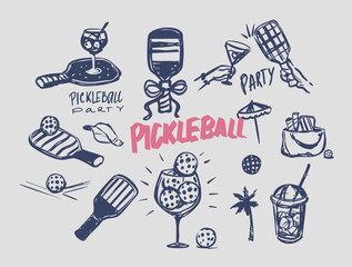 Fototapeta premium Pickleball party, set sketch objects, rackets and ball, sport equipment