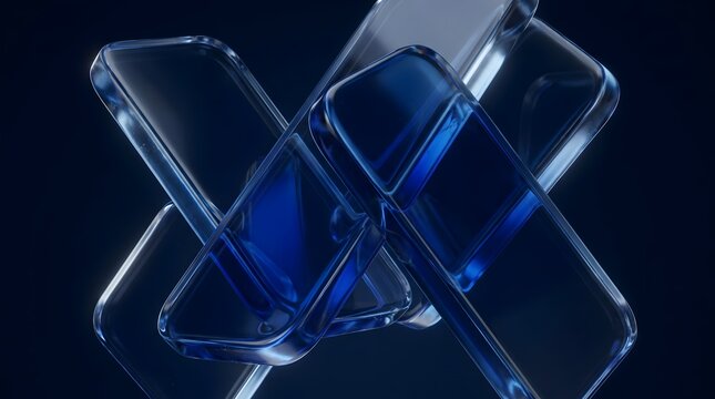 Abstract transparent glass rectangles floating in dark blue space with soft cinematic lighting and reflective surfaces creating a modern minimalist 3d composition