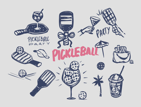Pickleball party, set sketch objects, rackets and ball, sport equipment