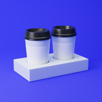 Coffee cups in a box isolated over blue background. Mockup template. 3d rendering.