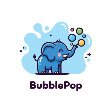 Cute Blue Cartoon Elephant Blowing Colorful Bubbles Logo Illustration.