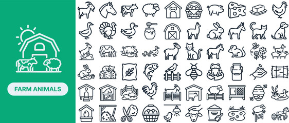 Farm Animals and Poultry outline icon set. Featuring cow, pig, hen, sheep, and rabbit symbols. Editable stroke vector icons for livestock business and rural farm branding. © Pixel_Forge