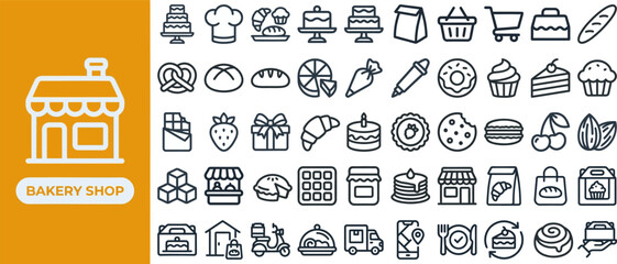 Bakery Shop and Pastry outline icon set. Featuring bread, cake, croissant, cupcake, and donut symbols. Editable stroke vector icons for bakery menu and confectionery business branding.