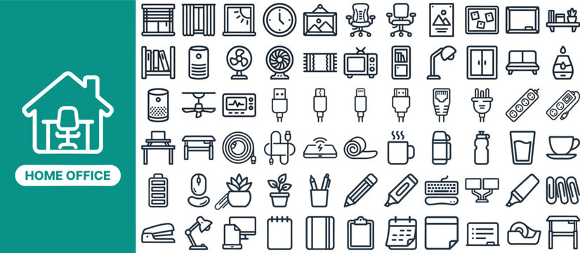Home Office and Remote Work outline icon set. Featuring desk, laptop, lamp, headset, and calendar symbols. Editable stroke vector icons for productivity app and freelance workspace setup.
