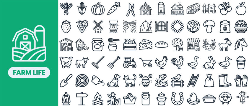 Farm Life and Rural Harvest outline icon set. Featuring barn, tractor, hay bale, vegetable basket, and windmill symbols. Editable stroke vector icons for agritourism brand and country market design.