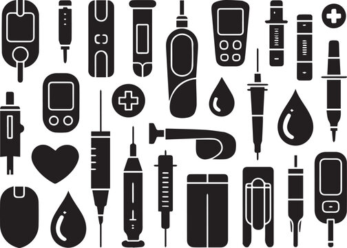 A collection of black medical icons on a white background including syringes and test strips isolated on white background