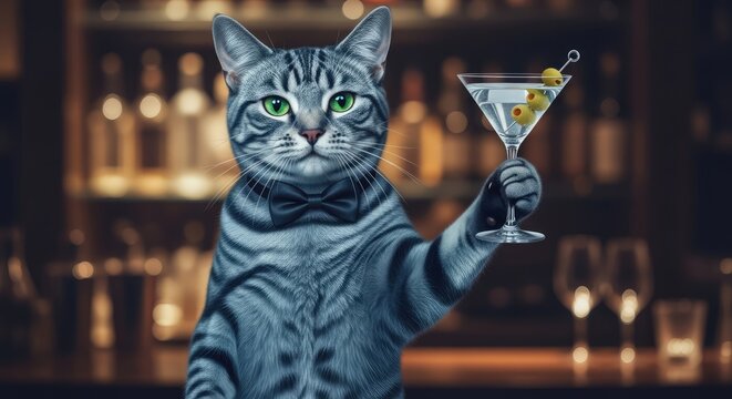 Blue striped cat wearing bowtie holding martini at bar.