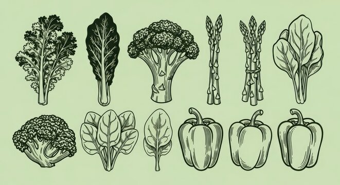 Hand drawn green vegetable engraving illustrations set.