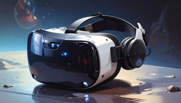 Headset VR futuristik dengan headphone terintegrasi di luar angkasa