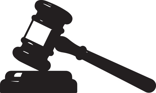 Black silhouette of a judges gavel on a sound block isolated on white background