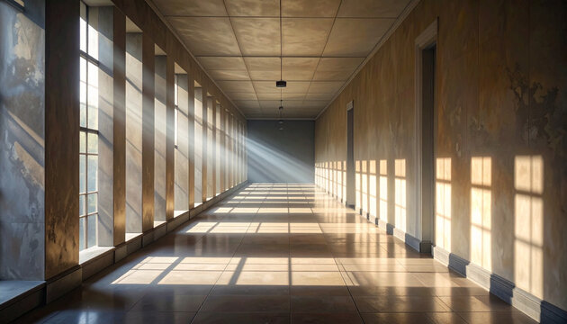 Sunlight streaming through a long empty architectural hallway