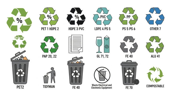 Recycling symbols and bins for different types of plastic waste.