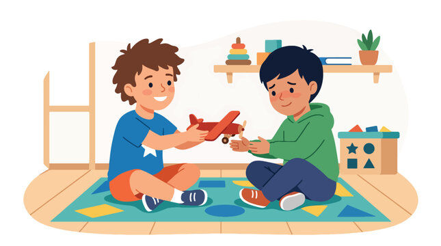 Modern flat vector illustration of little boy sharing favorite toy with shy friend showing kindness empathy and emotional friendship interaction