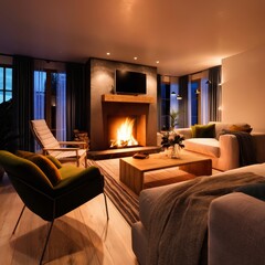 Fototapeta premium Cozy Living Room With a Fire and Modern Furniture in the Evening Light