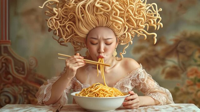 Surreal woman with noodle hair eating pasta with chopsticks. Artistic concept of food and fashion fusion. Lockdown medium shot.