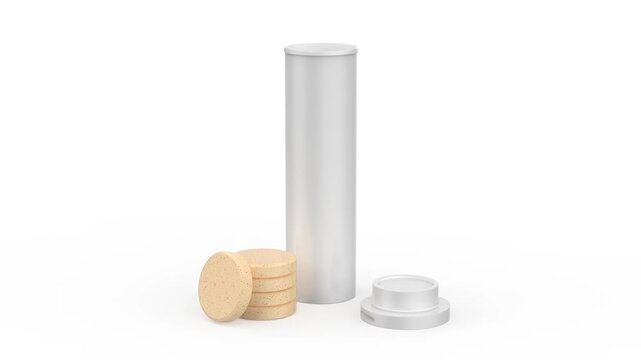 Bottle with effervescent tablets on white background