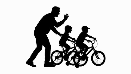 Obraz premium Father's Day Silhouette of father teaching kids to ride bike, family cycling, black icon, parent child relationship, bicycle learning vector