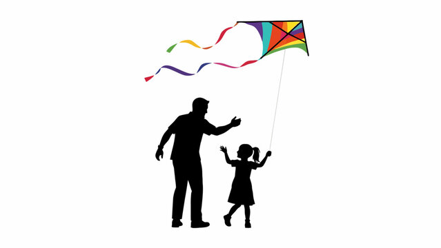 Father's Day Silhouette of father and child flying colorful kite, black vector illustration, family fun, outdoor activities, kite flying vector
