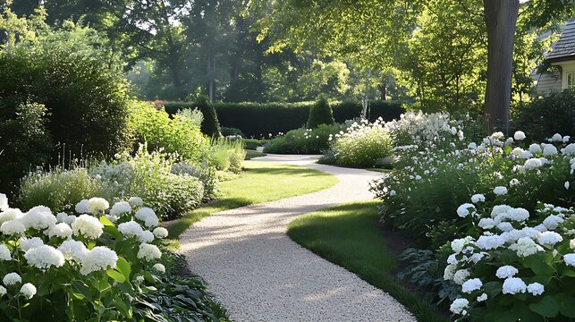 bloom path lined with hydrangeas in full garden