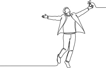 Fototapeta premium Man celebrating victory, arms wide open, holding a small gift, line art illustration