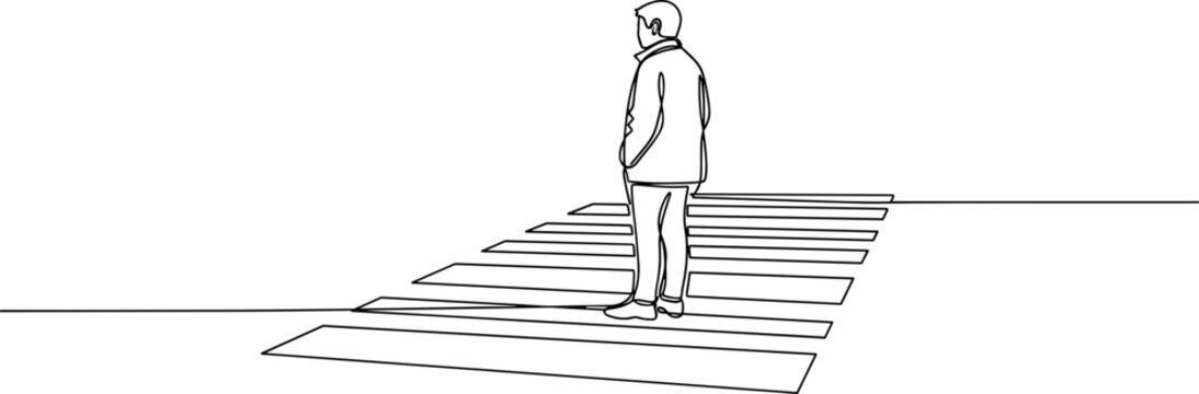Minimalist line art of a man standing on a crosswalk, waiting to cross the street.