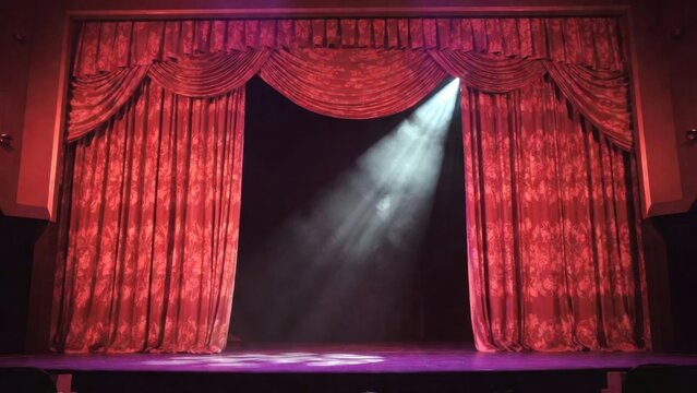 Red stage curtains parted by spotlight in theater proscenium