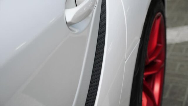 KYIV, UKRAINE - MAY 7, 2026: Close up of white sports car body panels
